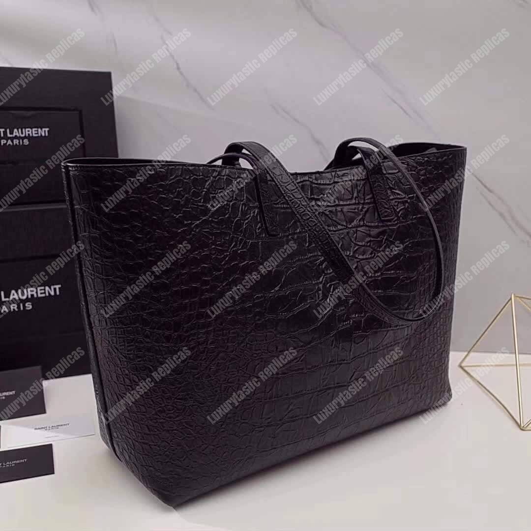Saint Laurent Shopping Bag Embossed Crocodile Leather Black