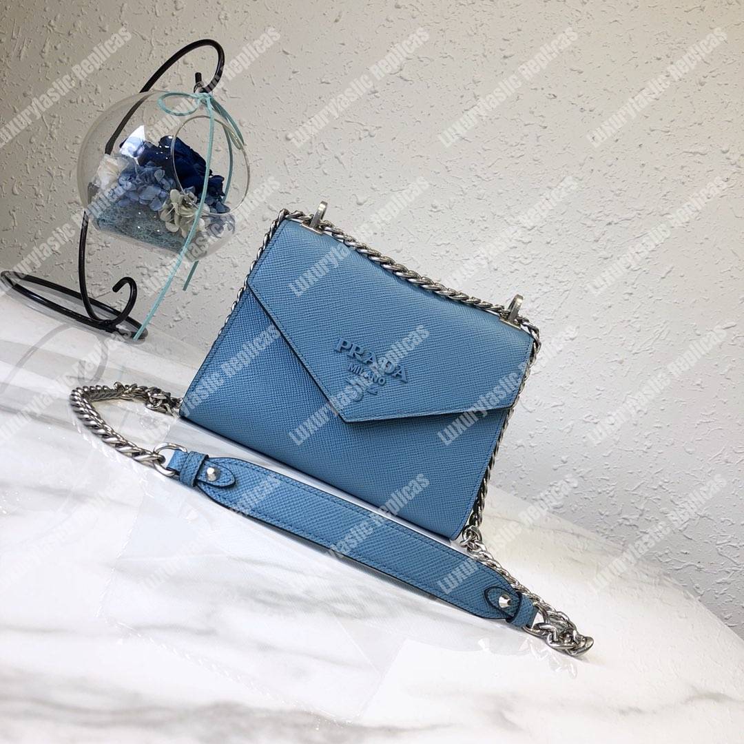 pra*a monoCh*0me saffiano leather bag light blue