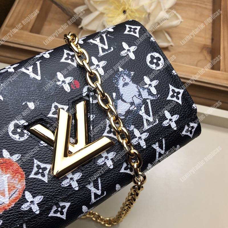 LV Twist Chain Wallet Catogram Dogs and Cats Black White