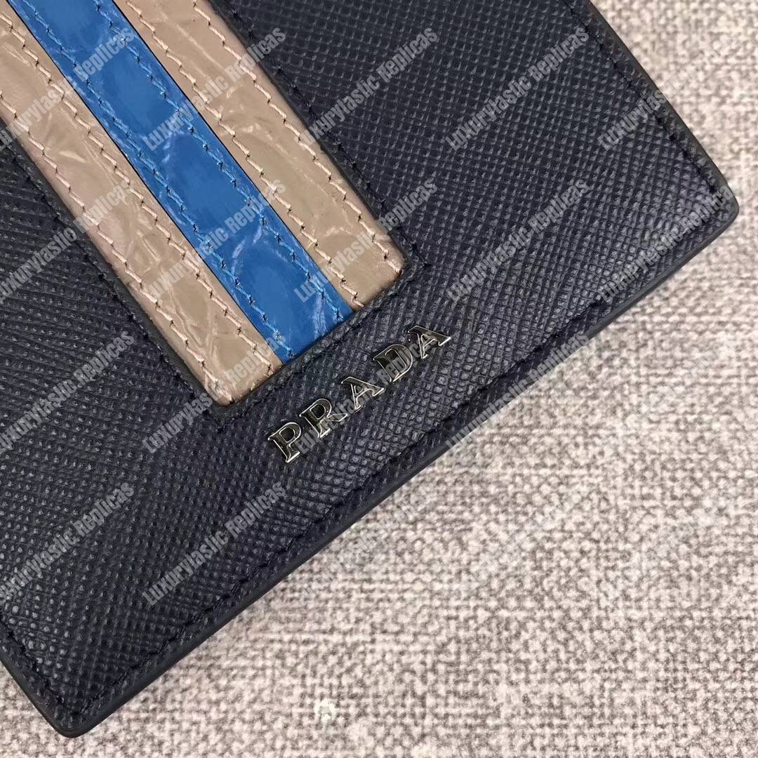 Pra*a saffiano and crocodile leather wallet navy blue grey/dark blue crocodile insert