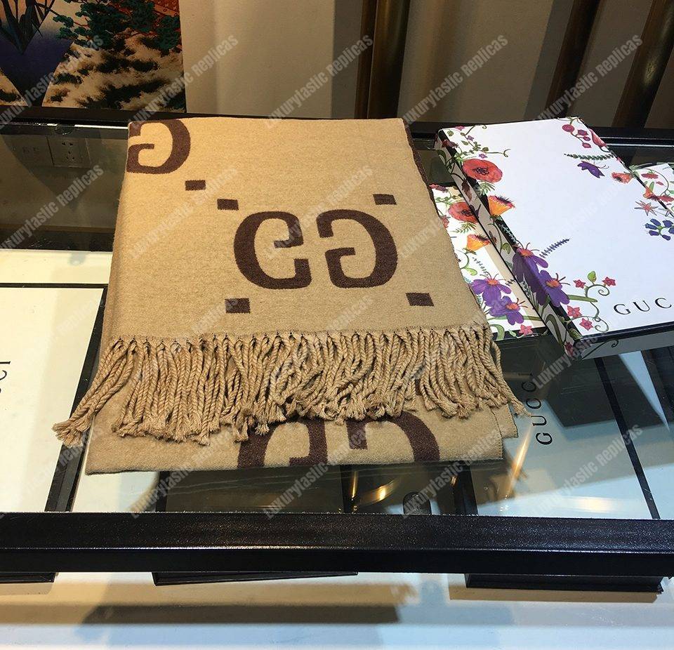 G*u*i gg jacquard wool silk scarf brown & beige