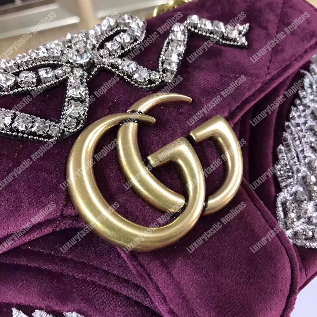 G*u*i gg marmont embroidered velvet mini bag feathers
