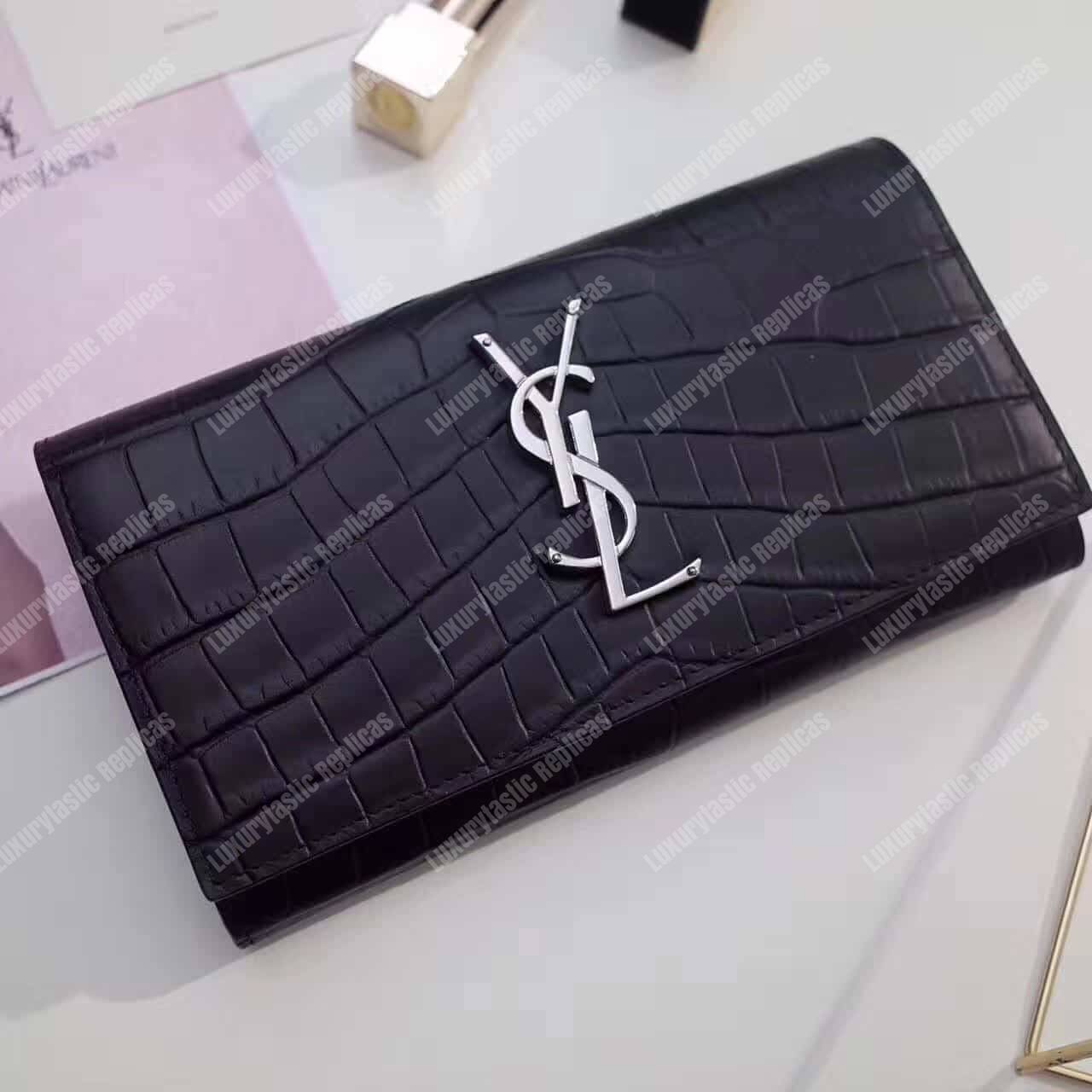Saint Laurent Large Flap Wallet In Black Crocodile Embossed Shiny
