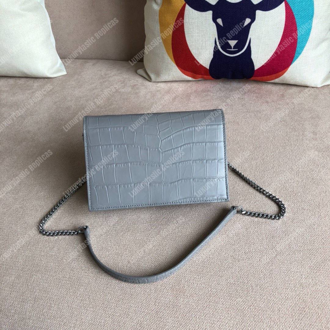 Saint Laurent Kate Chain Wallet With Tassel Earth Grey Crocodile