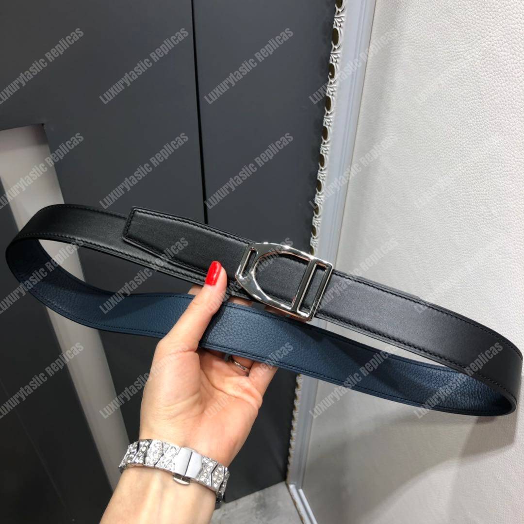 H**mes etrier buckle & reversible leather strap 32 mm noir / bleu de prusse