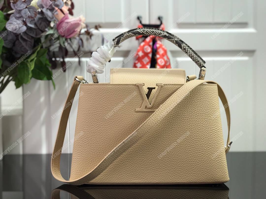 LV Capucines PM Taurillon Leather Python Crème Beige
