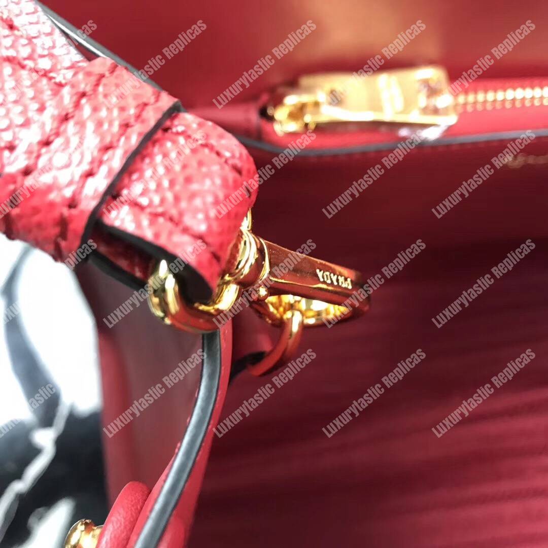 pra*a monoCh*0me saffiano leather bag red