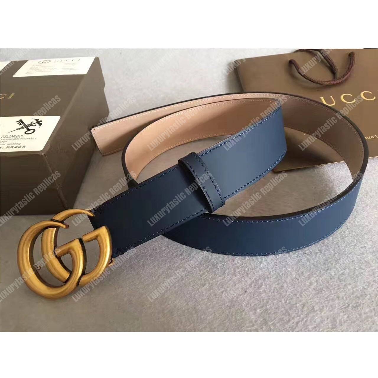 G*u*i marine blue leather belt with double g buckle