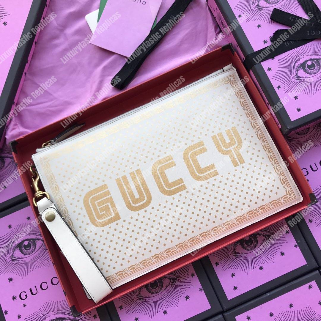 g*u*i G*u*iy print leather pouch bag white