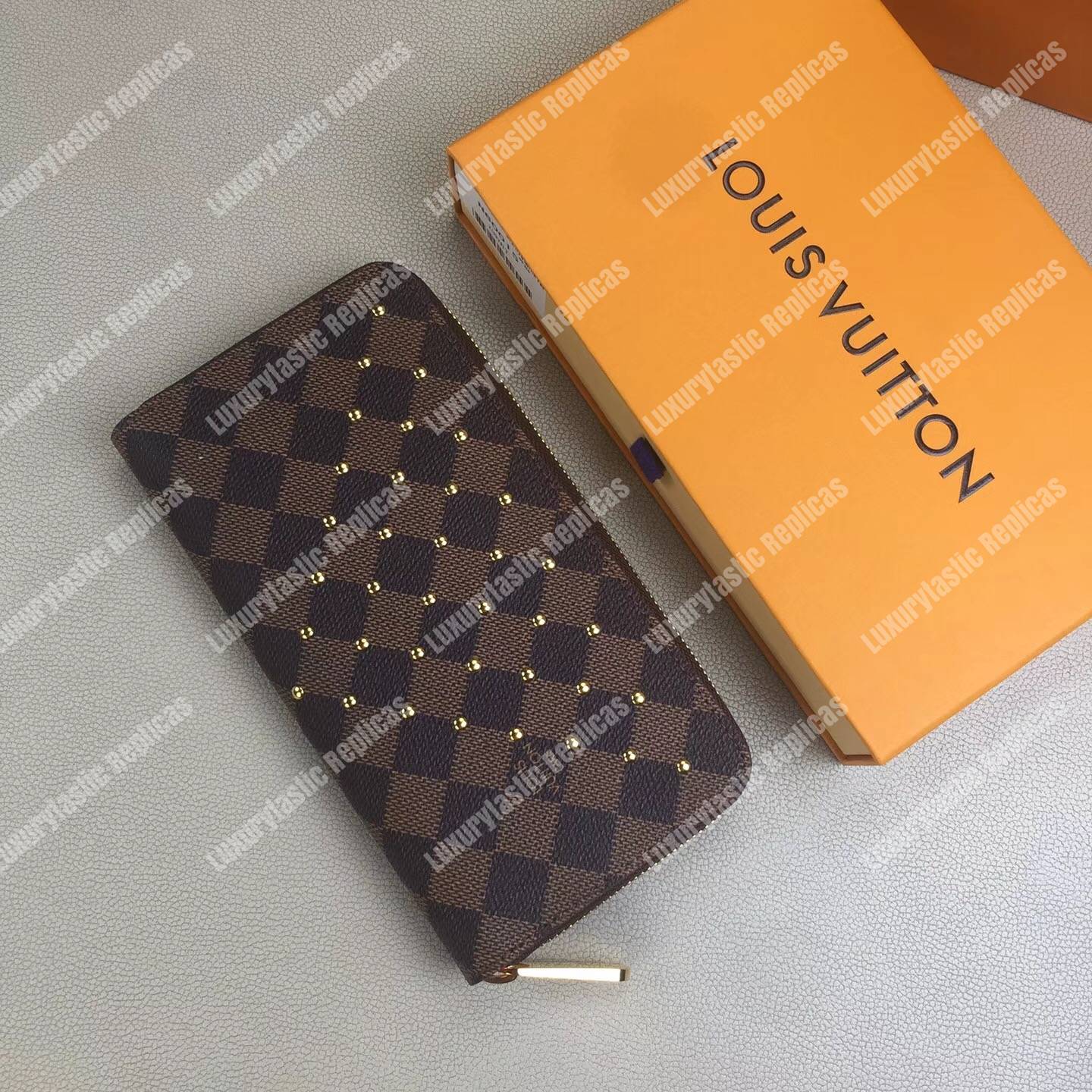 LV Zippy Wallet Damier Ebene Gold Studs