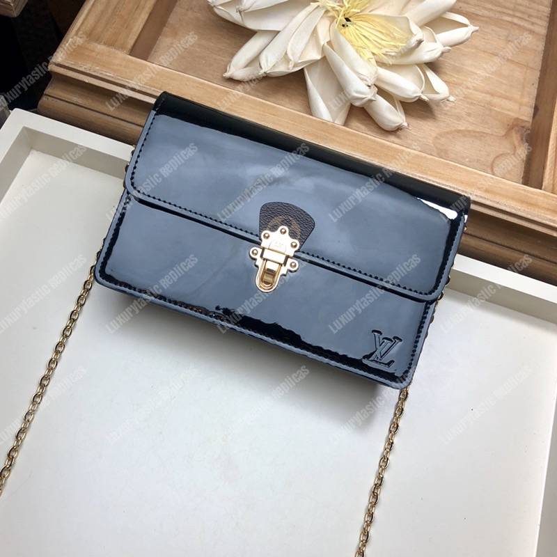 LV Cherrywood Chain Wallet patent calf leather with Monogram canvas in Black