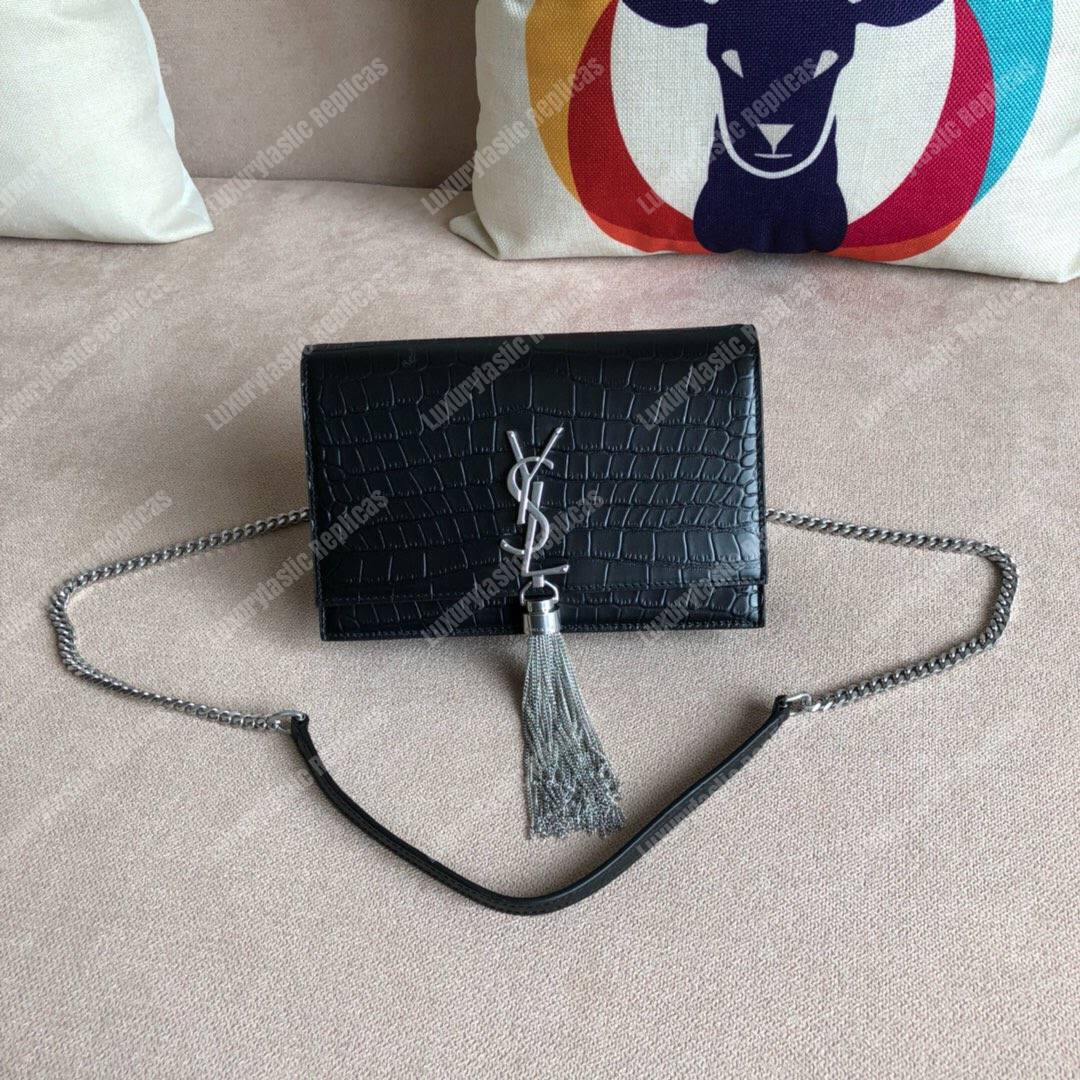 Saint Laurent Kate Chain Wallet With Tassel Black Crocodile