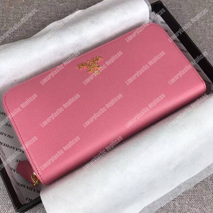 Pra*a large saffiano leather wallet pink gold hardware