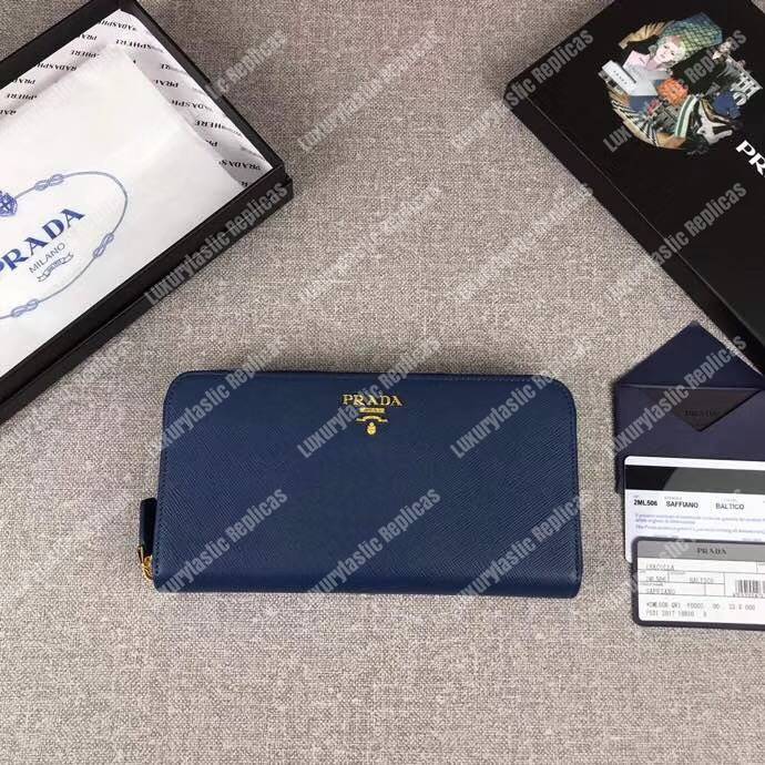 Pra*a large saffiano leather wallet blue gold hardware