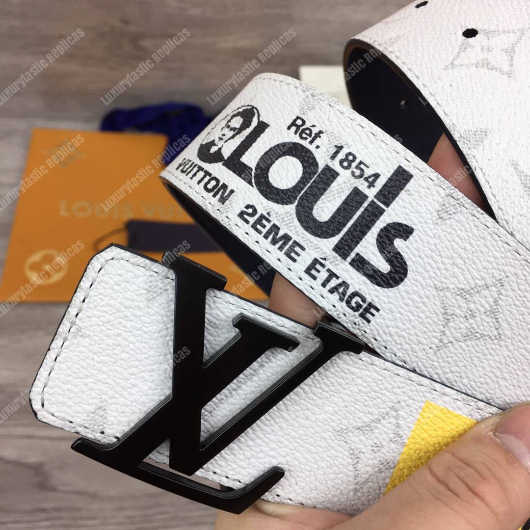 LV White Initiales With Printed Stickers 40MM Reversible Leather Belt Black Hardware