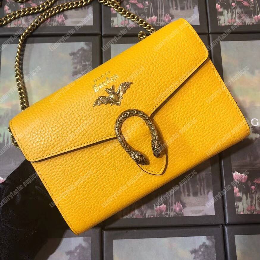 G*u*i calfskin garden dionysus chain wallet yellow with bat