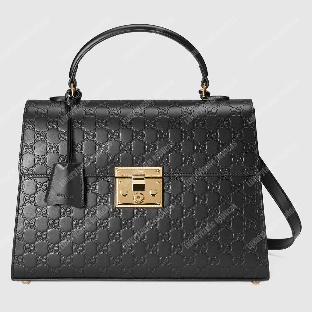 G*u*i padlock medium signature top handle bag black
