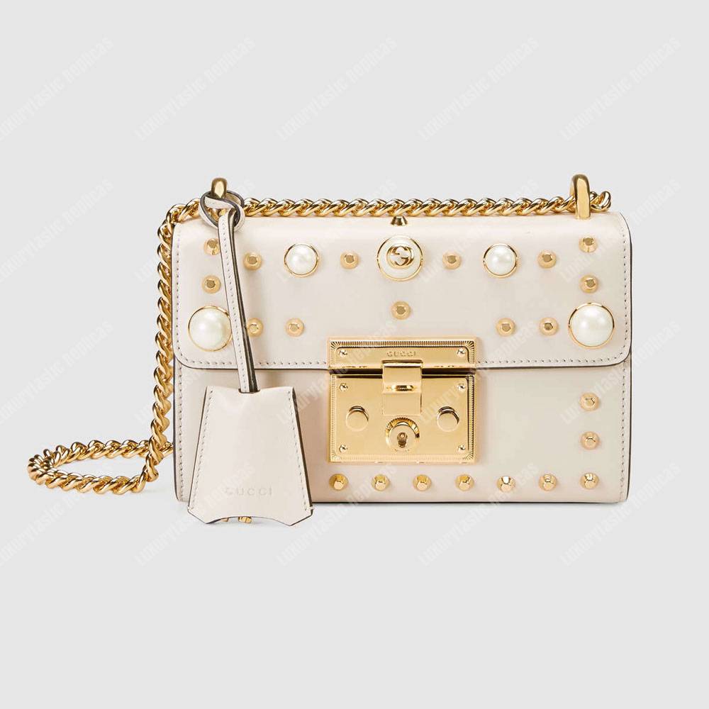 G*u*i padlock shoulder bag white with pearls