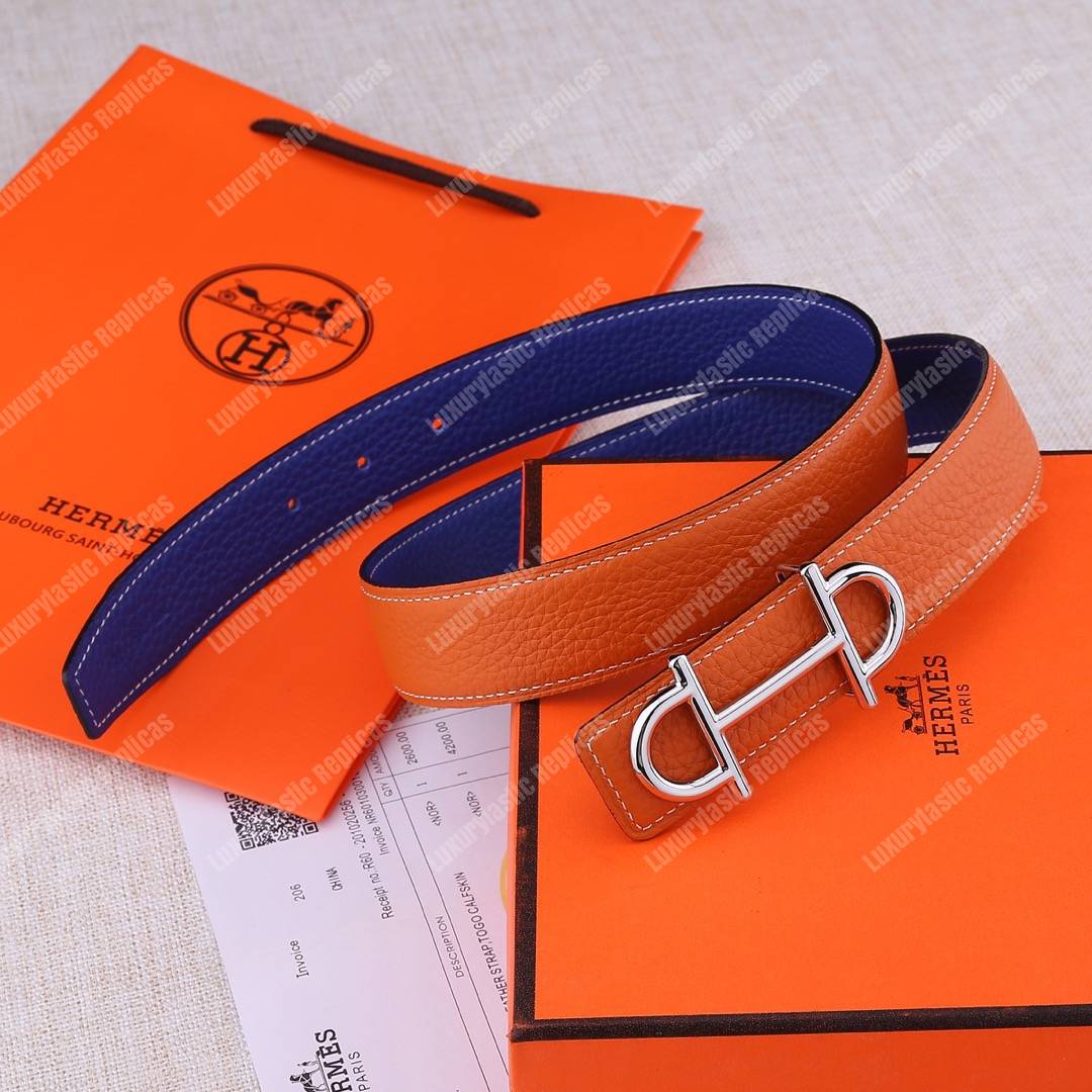 H**mes gamma belt buckle sellier reversible leather strap orange / blue