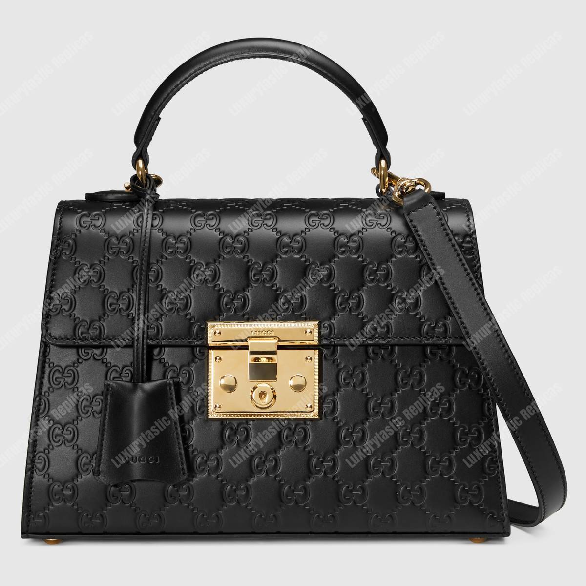 G*u*i padlock small signature top handle bag black