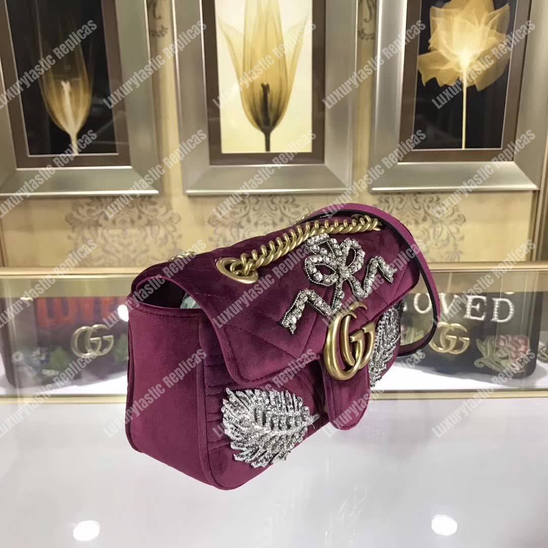 G*u*i gg marmont embroidered velvet mini bag feathers