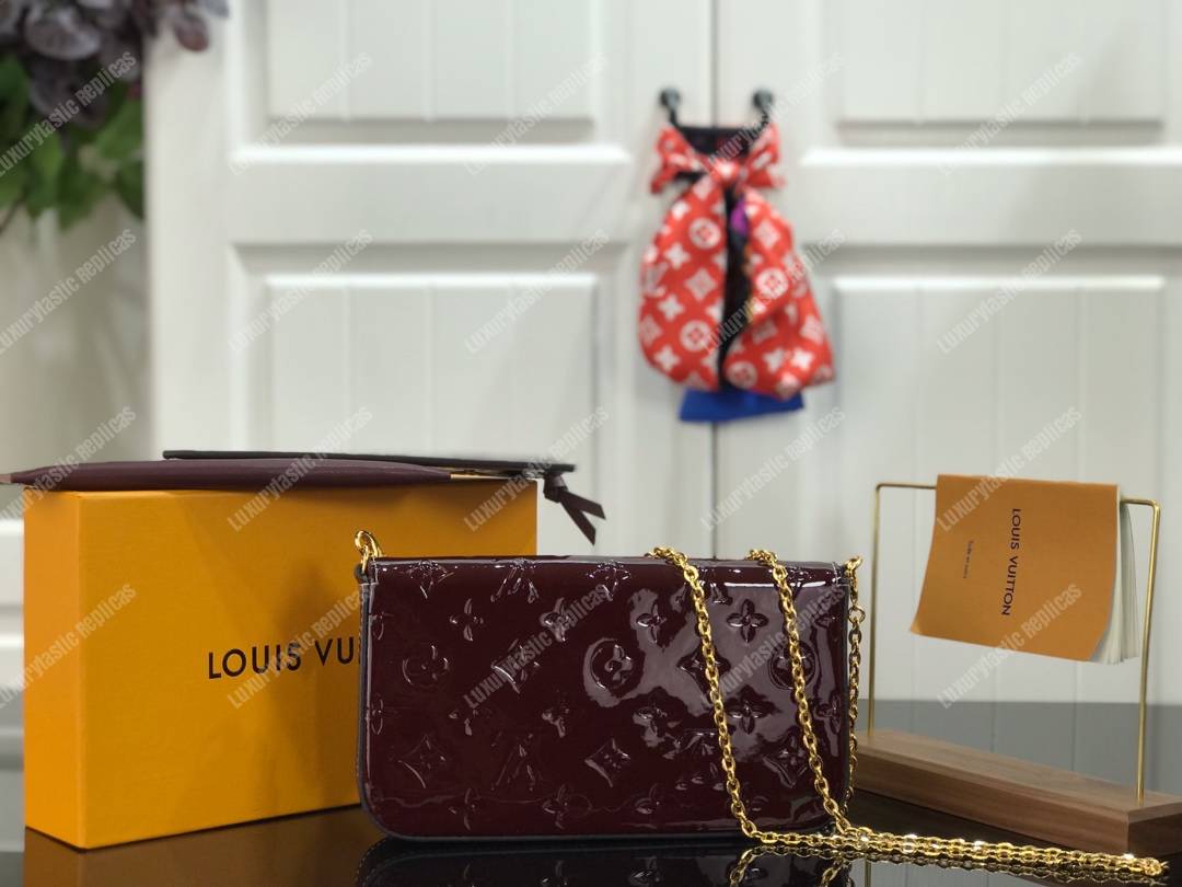 LV Pochette Felicie Monogram Vernis Leather Amarante