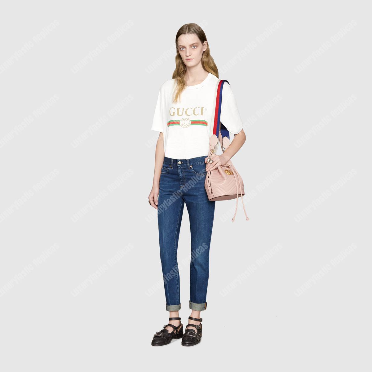 G*u*i gg marmont chevron leather bucket bag light pink