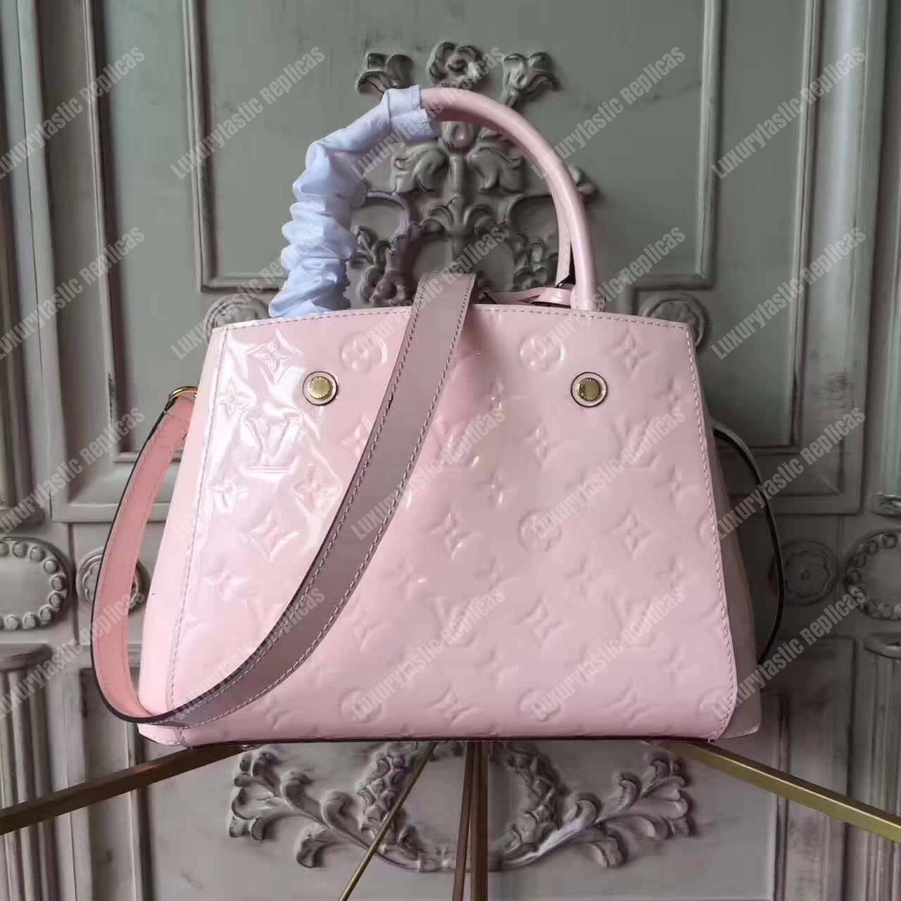 LV Montaigne BB Tote Bag Monogram Vernis Rose Ballerine