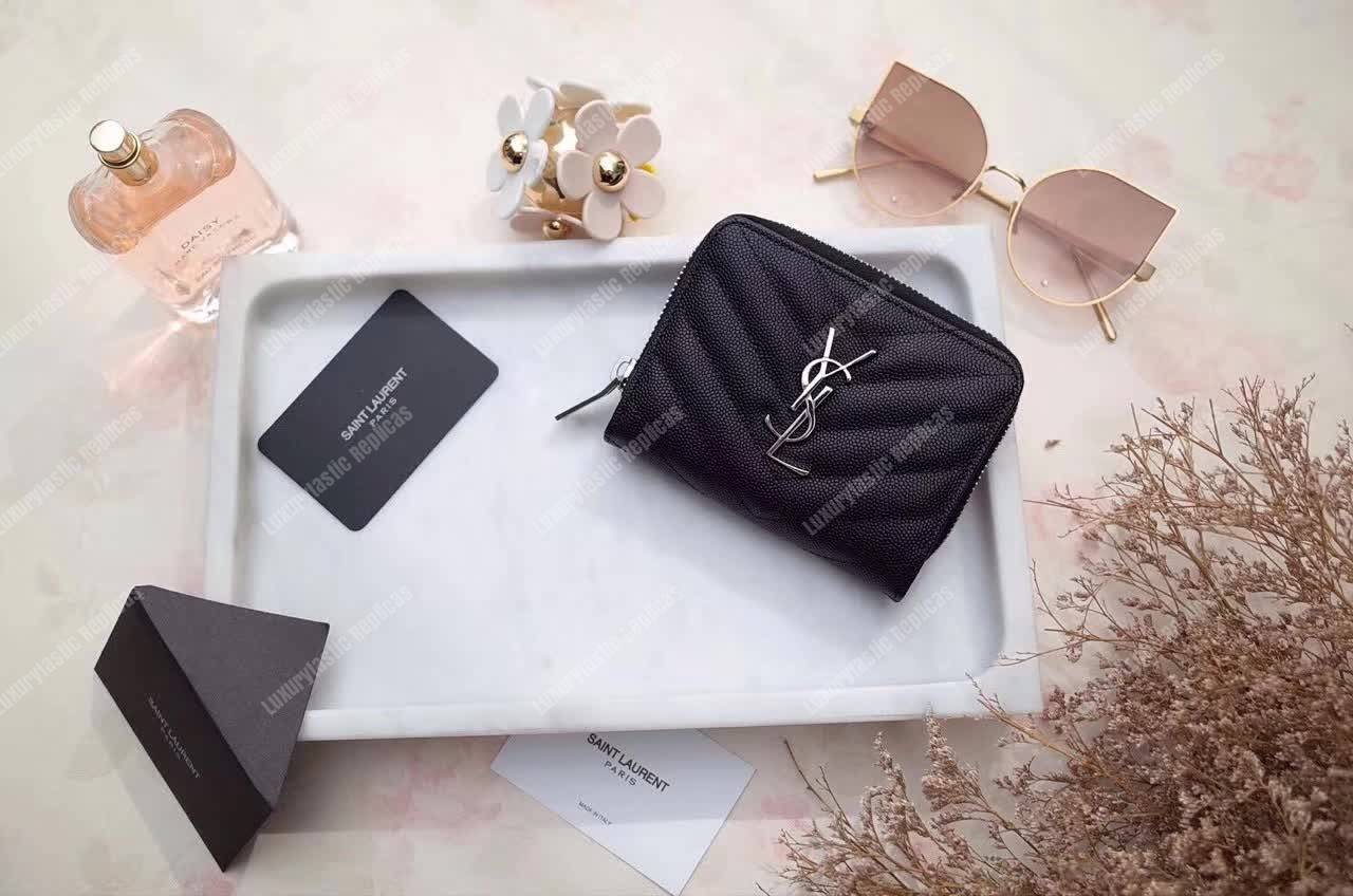 Saint Laurent Compact Zip Around Wallet Black Grain De Poudre