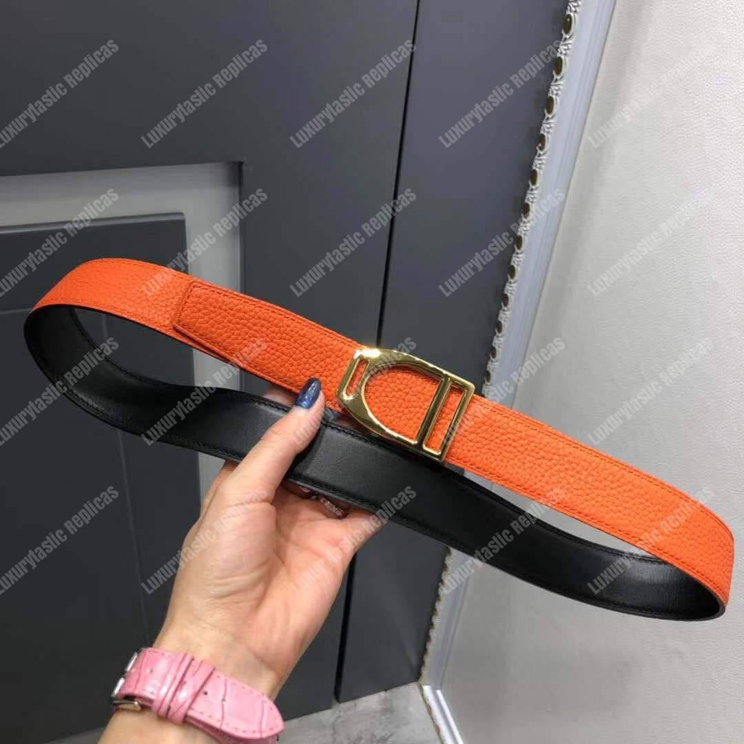 H**mes etrier buckle & reversible leather strap 32 mm noir / orange
