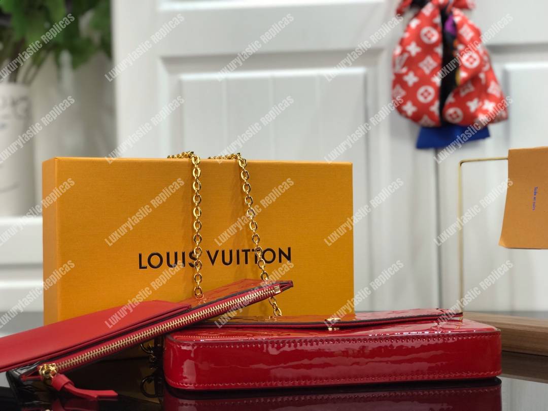 LV Pochette Felicie Monogram Vernis Leather Cerise