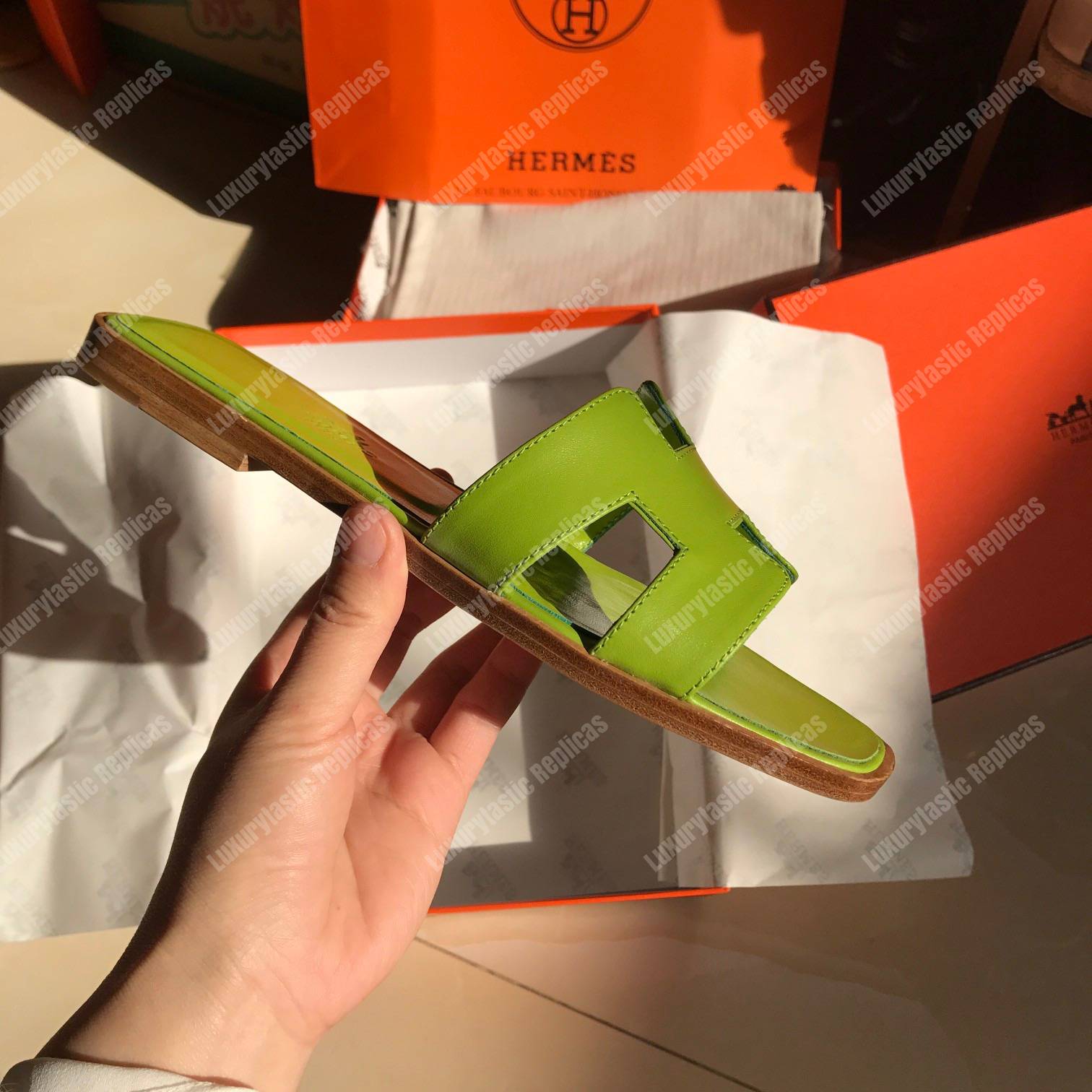 H**mes oran sandal calfskin leather green