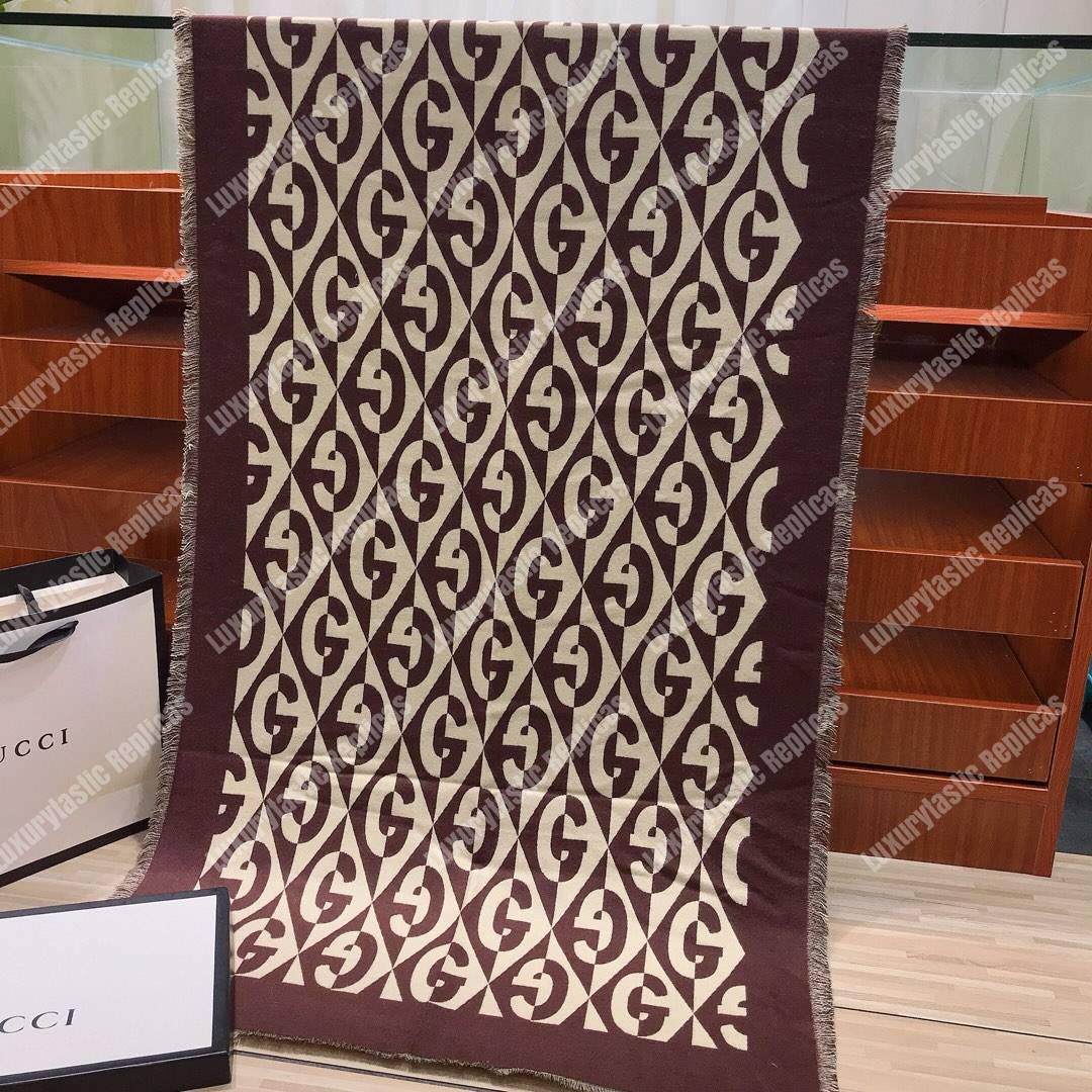 G*u*i g rhombus lamé wool jacquard stole brown white