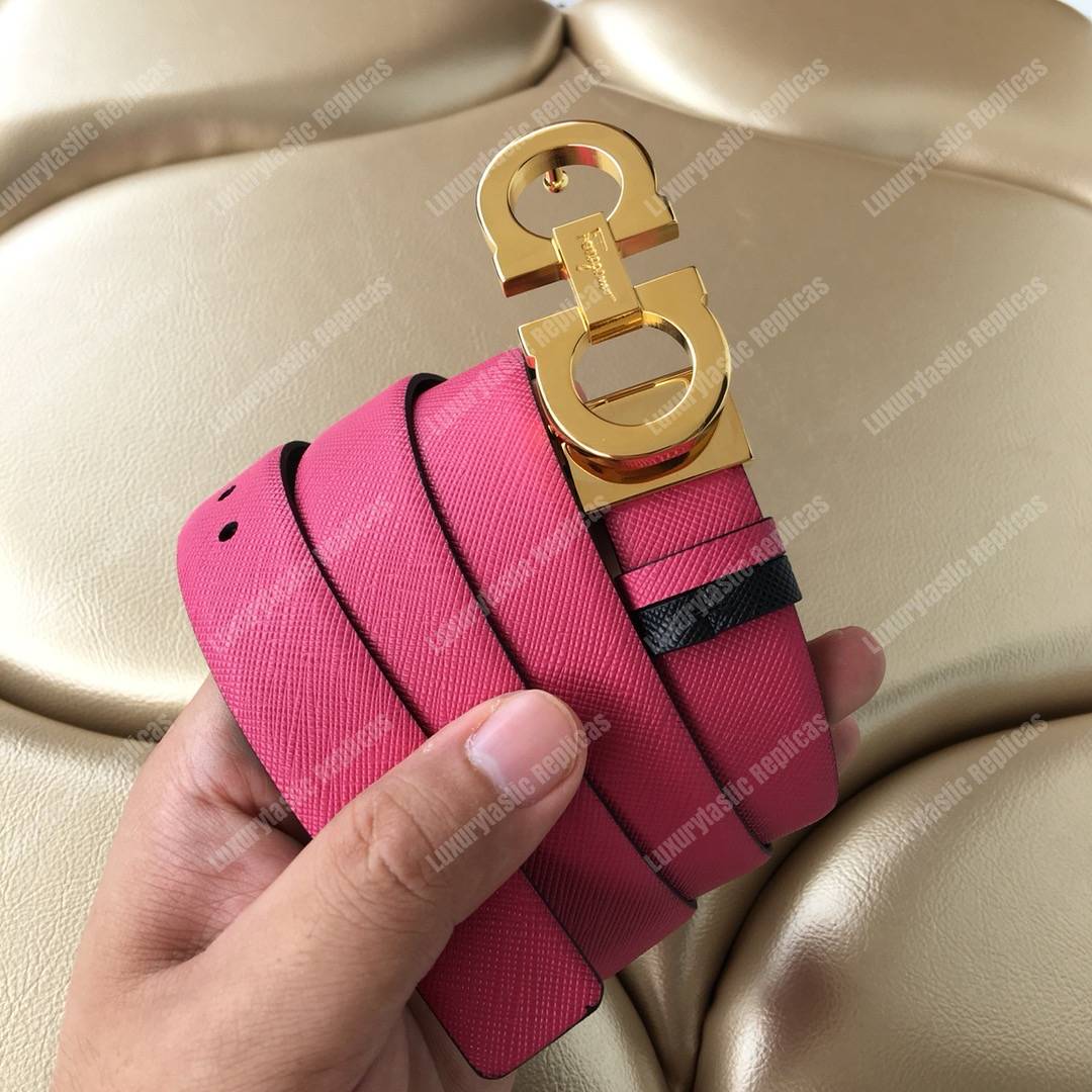 ﻿Salvatore Ferragamo Adjustable and Reversible Gancini Belt Black / Pink