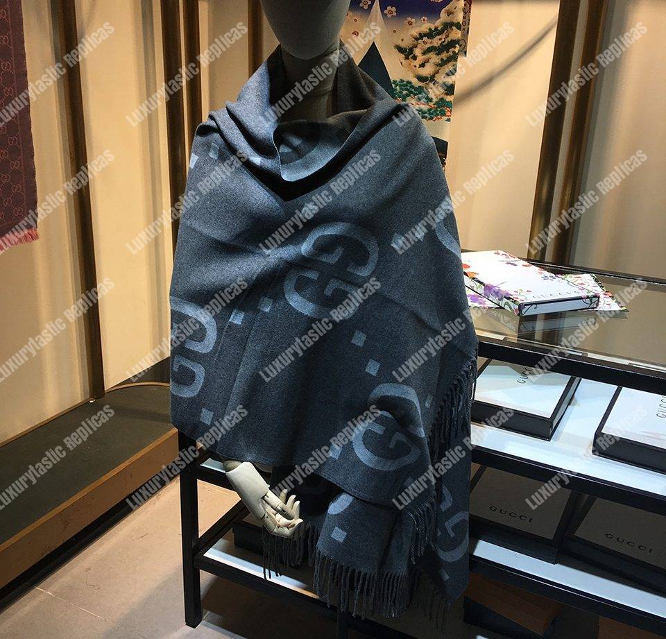 G*u*i gg jacquard wool silk scarf grey