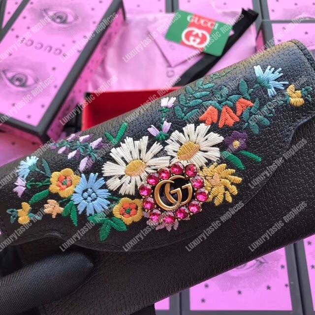 G*u*i embroidered leather continental wallet black