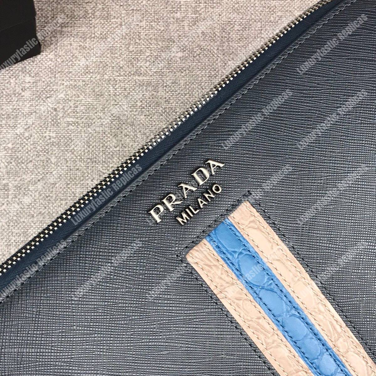 Pra*a saffiano and crocodile leather wallet blue grey/dark blue crocodile insert