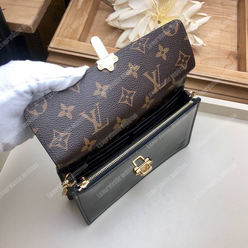 LV Cherrywood Chain Wallet patent calf leather with Monogram canvas in Black