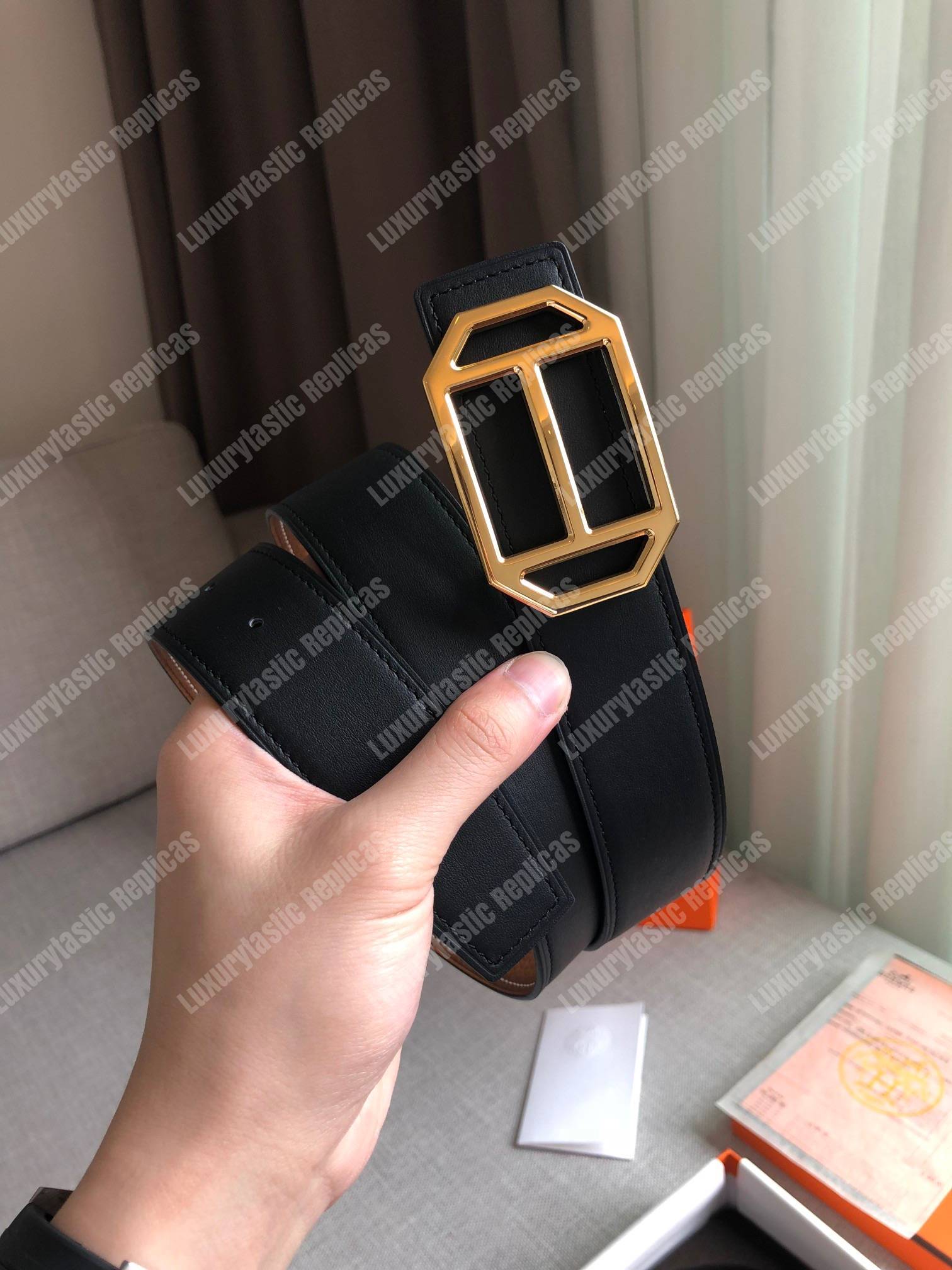 H**mes pad belt buckle & reversible leather strap black / brown