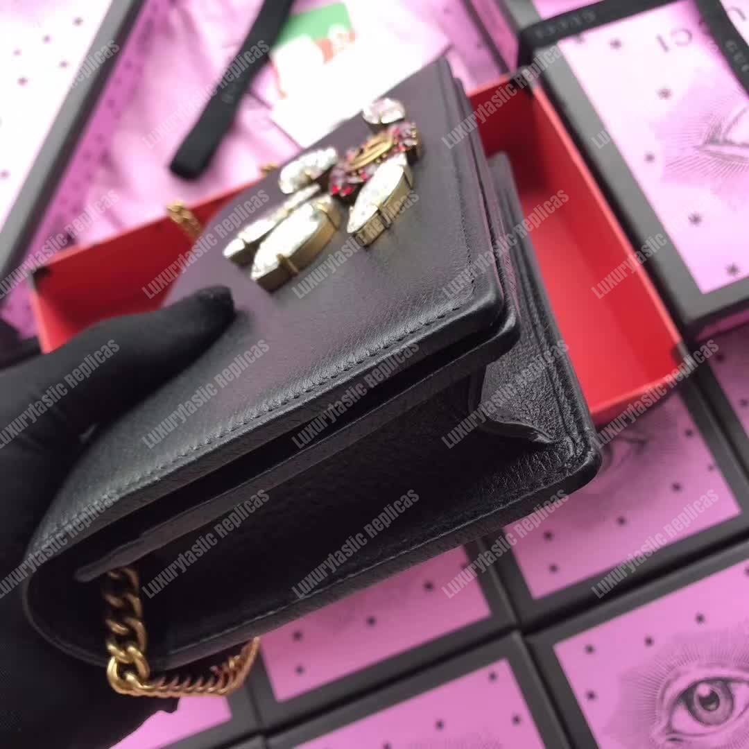 G*u*i leather mini chain bag with double g crystals black