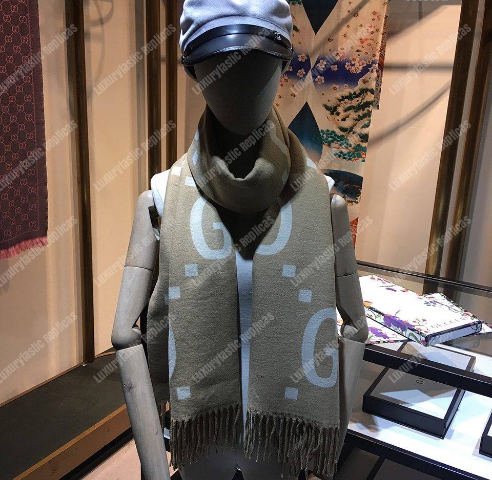 G*u*i gg jacquard wool silk scarf taupe & ivory