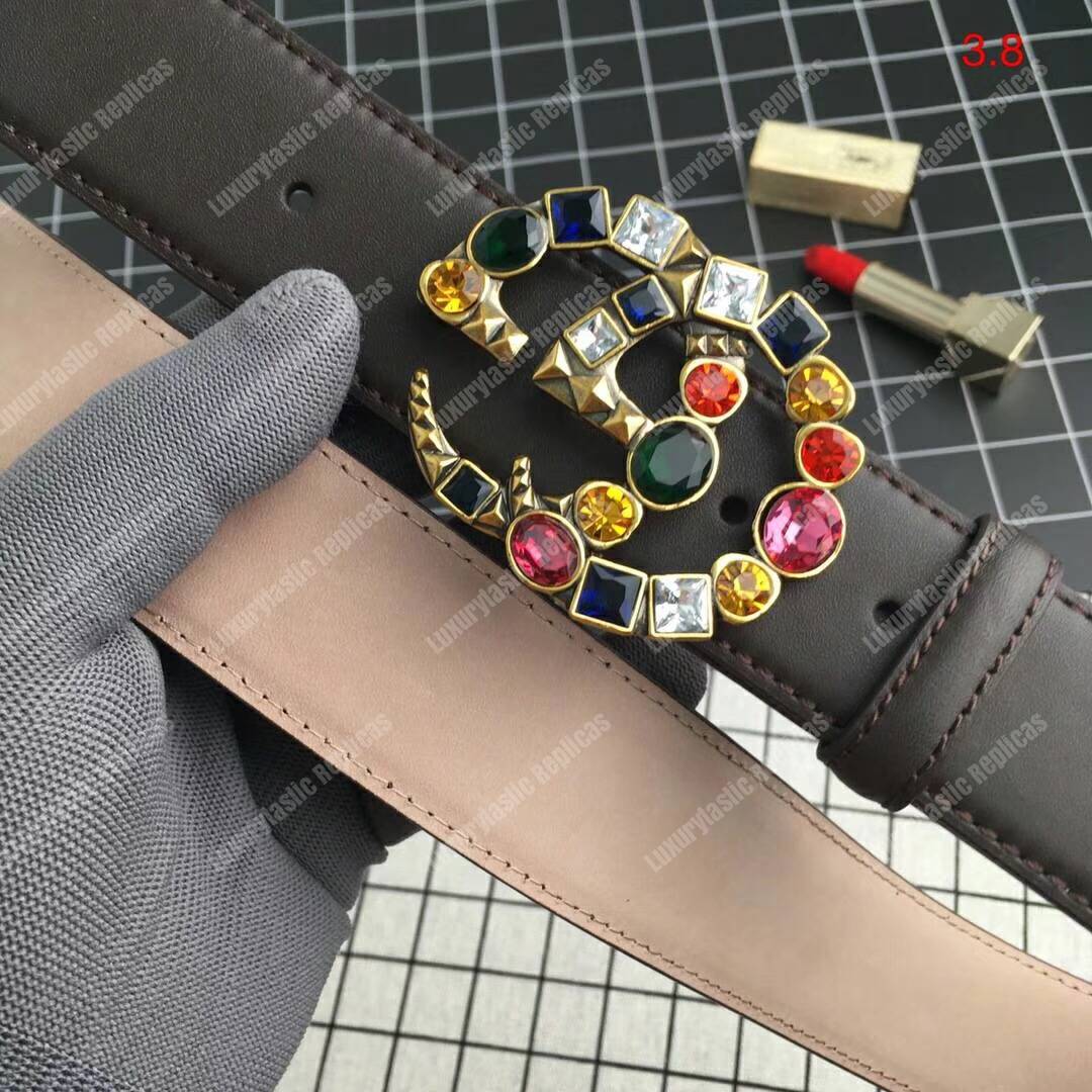 G*u*i leather belt with crystal double g buckle
