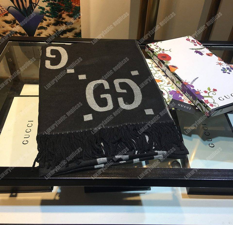 G*u*i gg jacquard wool silk scarf light grey & black