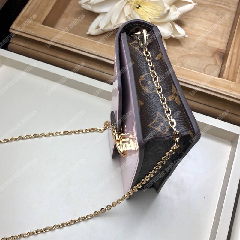 LV Cherrywood Chain Wallet patent calf leather with Monogram canvas in Rose Ballerine Pink
