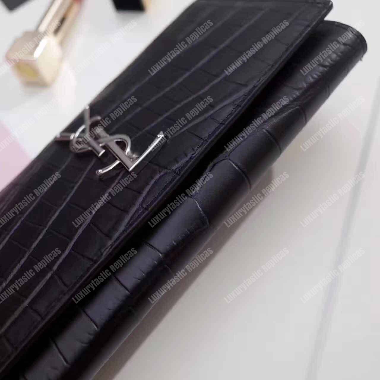 Saint Laurent Large Flap Wallet In Black Crocodile Embossed Shiny