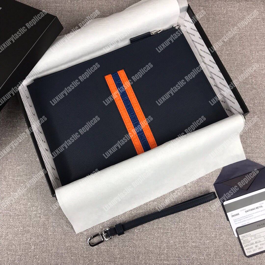 Pra*a saffiano and crocodile leather pouch orange / blue