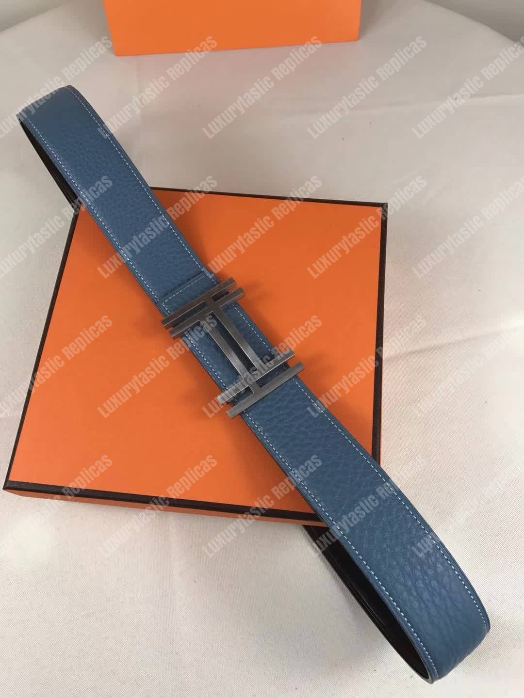 H**mes h au carre belt buckle reversible leather strap graphite / bleu de prusse