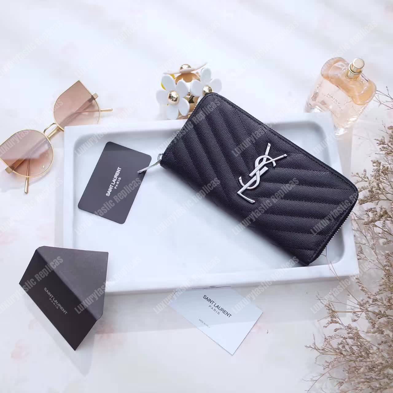 Saint Laurent Monogram Zip Around Wallet Black Grain De Poudre