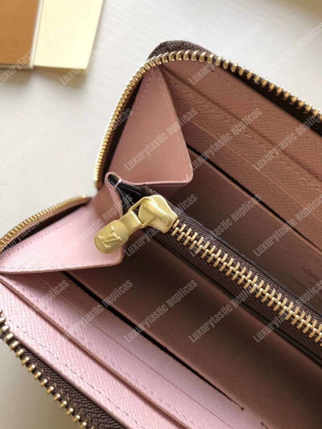 LV Clemence Wallet Damier Ebene Rose Ballerine