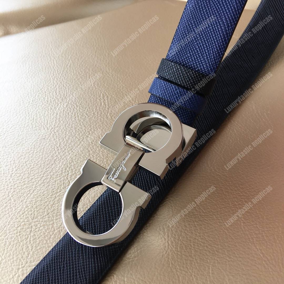 Salvatore Ferragamo Adjustable and Reversible Gancini Belt Blue / Black